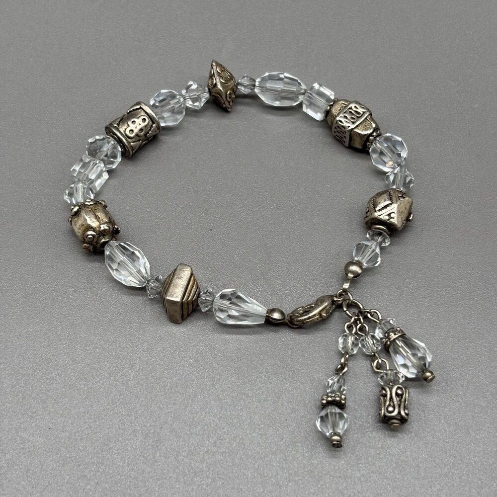Crystal Glass Bead Bracelet Silver Tone Boho Charm Dangle Lobster Clasp